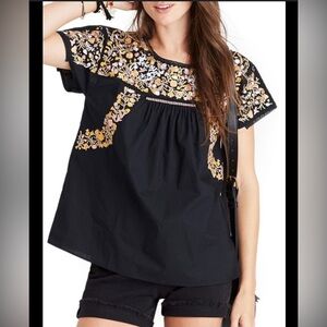 Madewell Top Womens XS Black Embroidered Floral Boho Short Sleeve Blouse Shirt